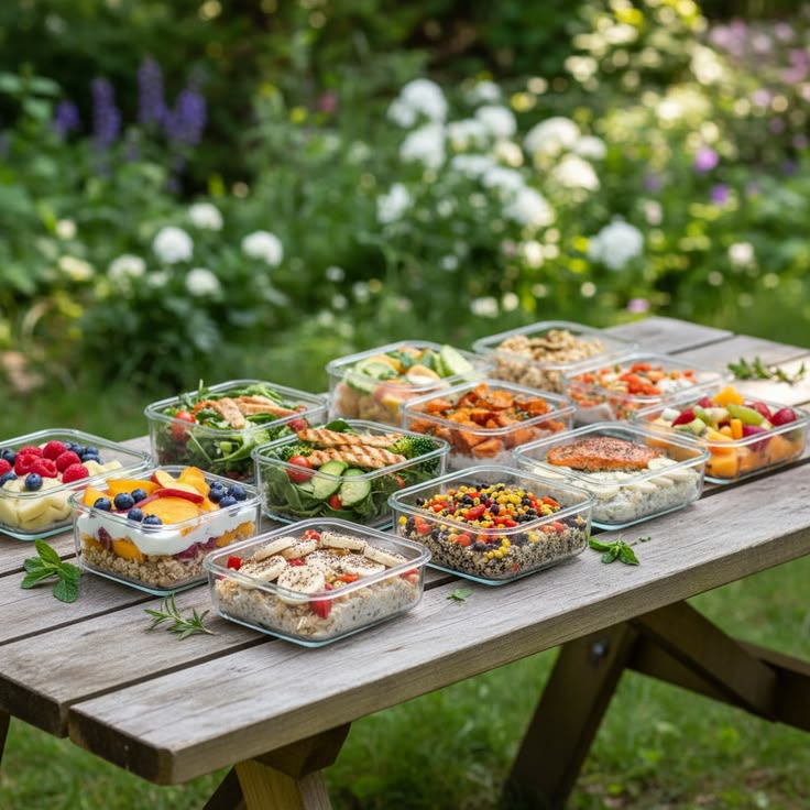 Diverse food groups displayed in organized sections representing dietary variety